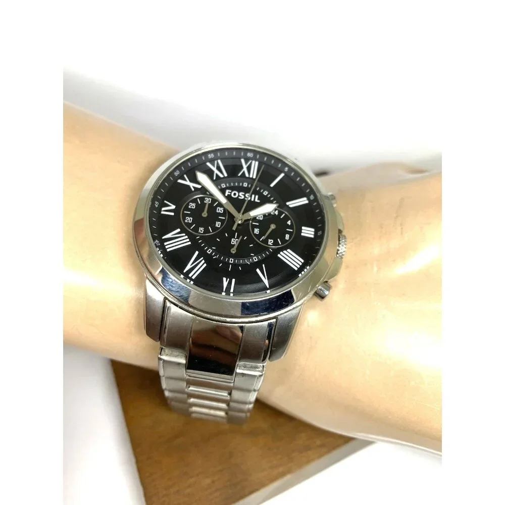 Fossil Men's Watch FS4736 Grant Quartz Chronograph Black Dial Silver Steel 44mm